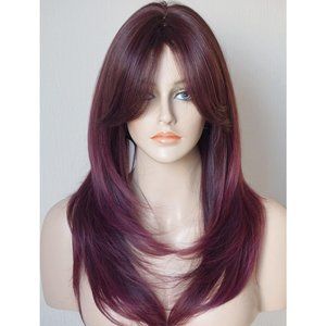 Wigbuy Women Purple Red Synthetic Shoulder Length Fiber Highlight Multicolor Wig